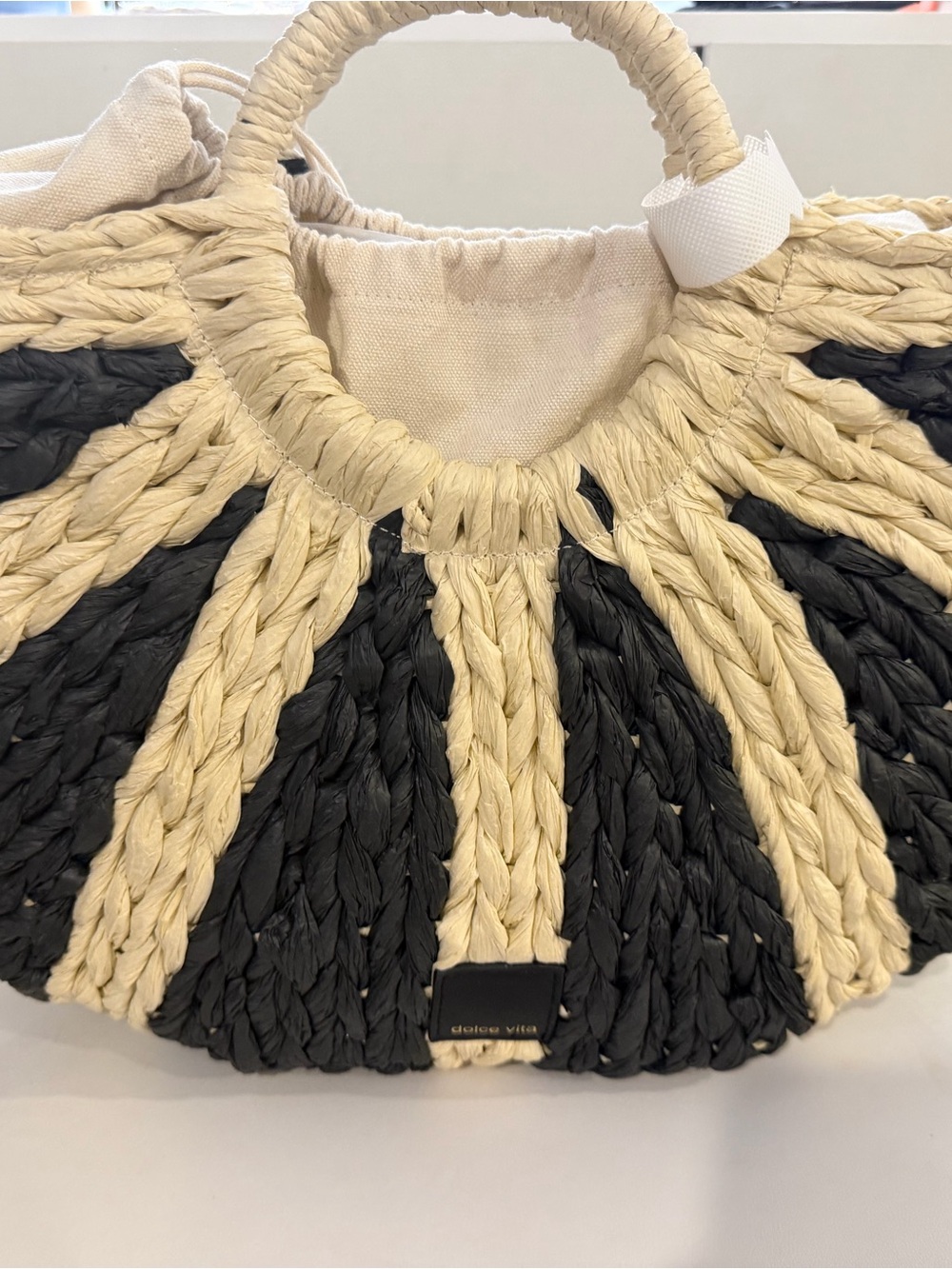 Dolce Vita Black and Natural Braided Straw Tote with Ring Handles